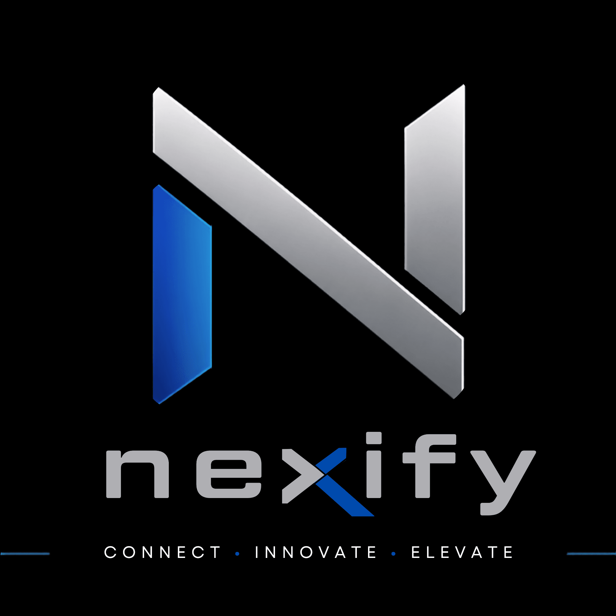 Nexify Concepts silver and blue logo. Connect. Innovate. Elevate.